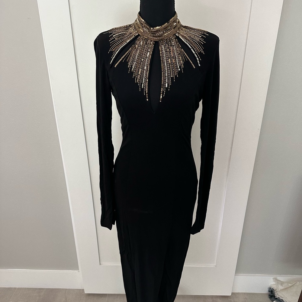 Beautiful Bebe maxi dress, long sleeves, gold embellishments, size small